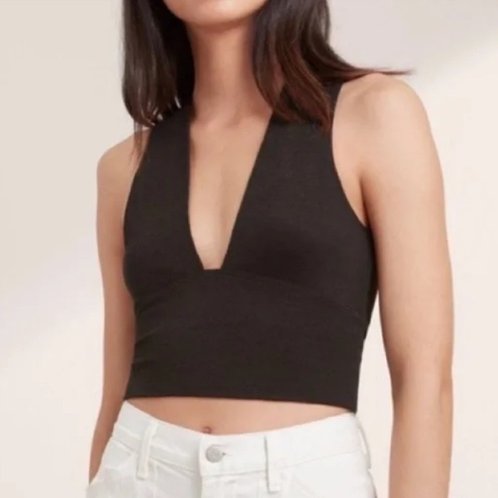 Aritzia Wilfred Free Valeria Deep V Neck Black Knit Cropped Top Size XS Minimal